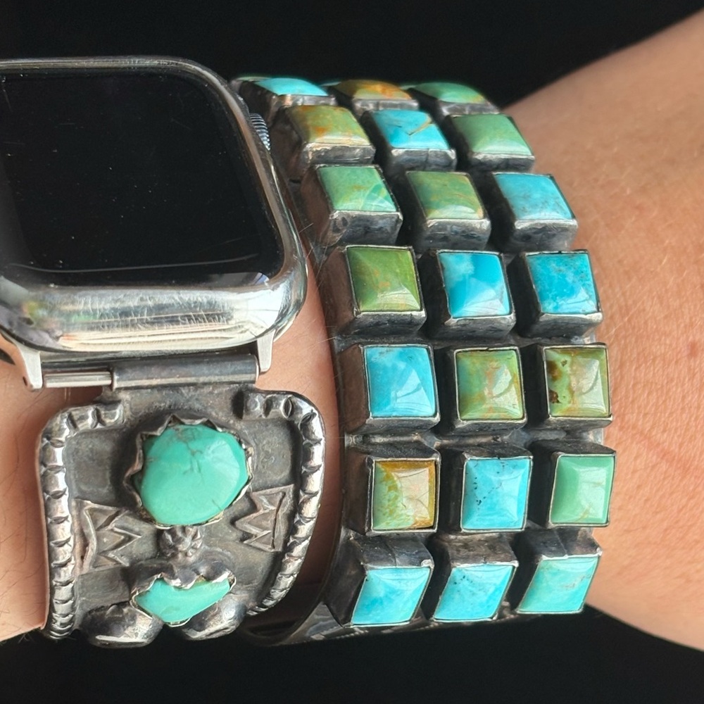 Sterling Silver Zuni Mid Century Mod Square Turquoise Petit Point Row Grid Cuff - Picture 5 of 15